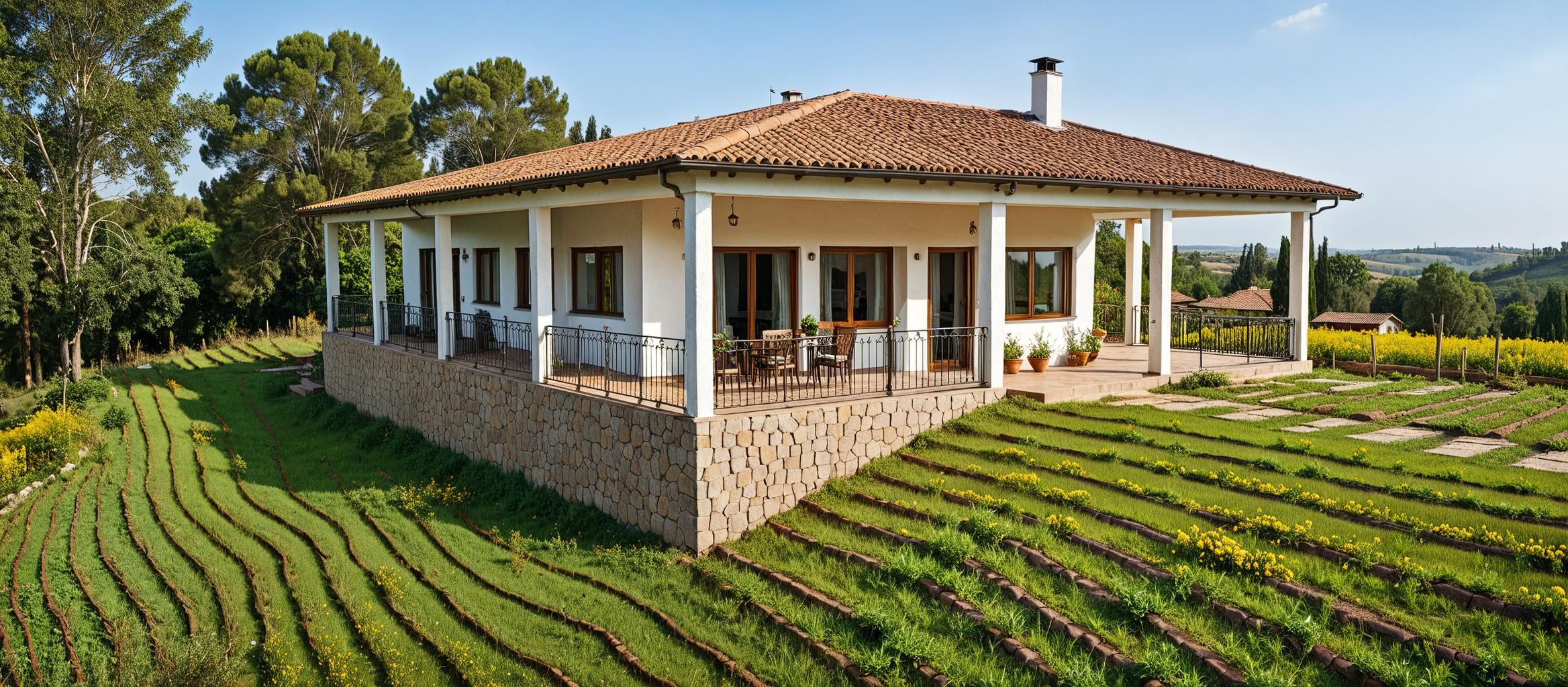 Render 3D fotorrealista de casa campestre con fachada blanca y techo de teja.